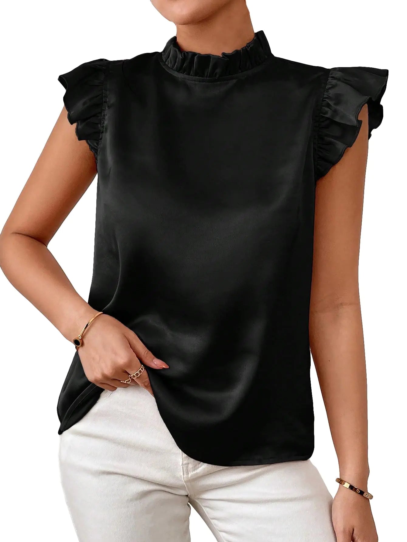 SweatyRocks Womens Elegant Mock Neck Ruffle Trim Tops Butterfly Sleeve Summer Office Blouses Black Small