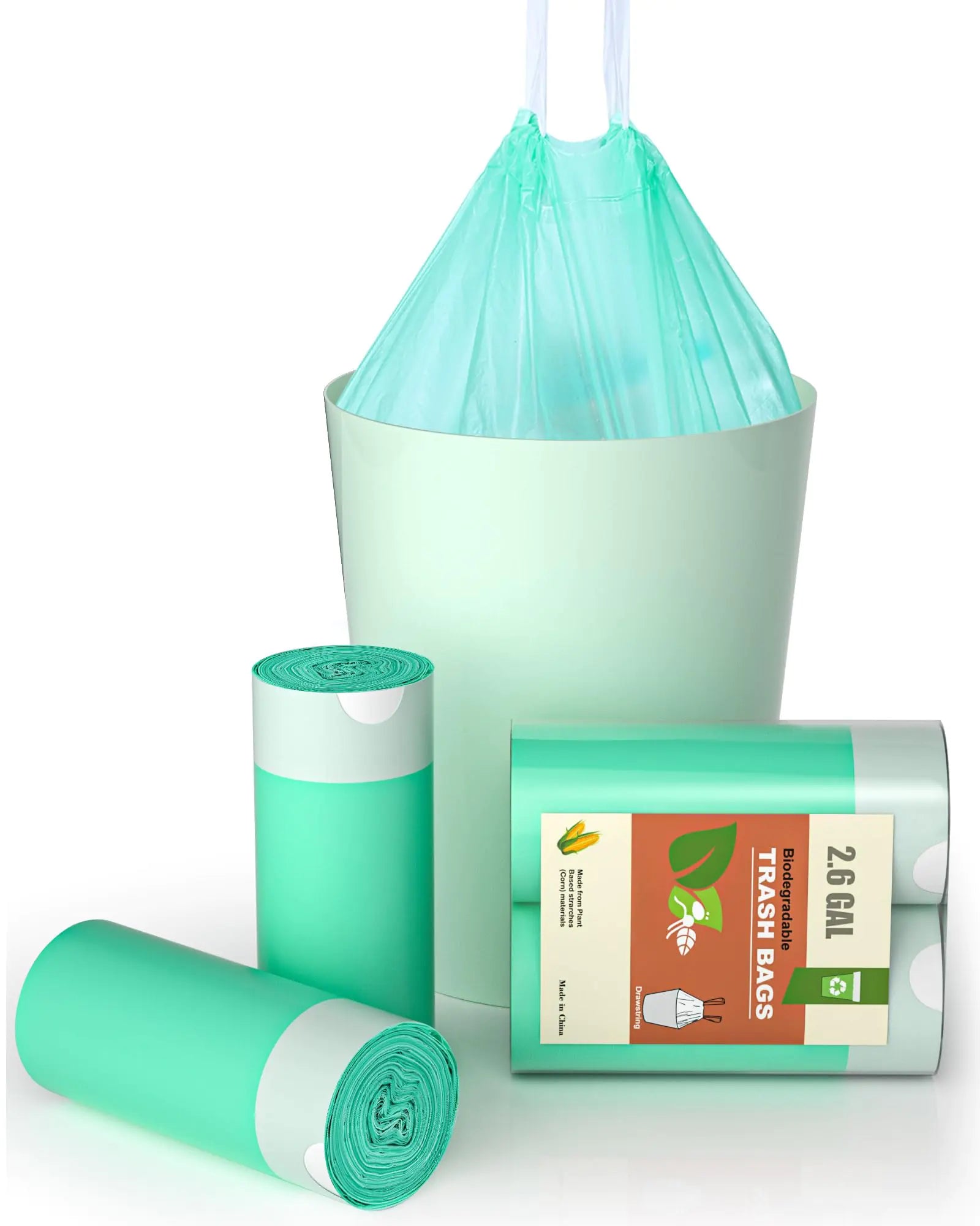 AYOTEE Small Trash Bags 2 Gallon Trash Bag Drawstring Compostable Trash Bags 50 Count Small Garbage Bags Bathroom Trash Bags Compost Bags Waste Basket Liners for Bathroom Office Pet (Green)