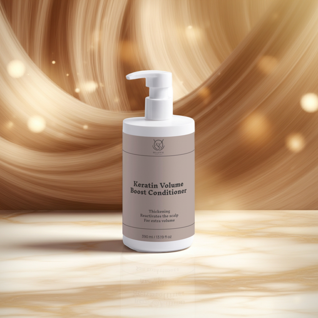 Belleviecosmetic Keratin Volume Boost Conditioner 390ml bottle, nourishing hair conditioner for smooth, amplified volume.