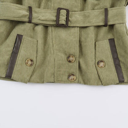 Women's buttoned belted vintage workwear jacket in old-money style, front view