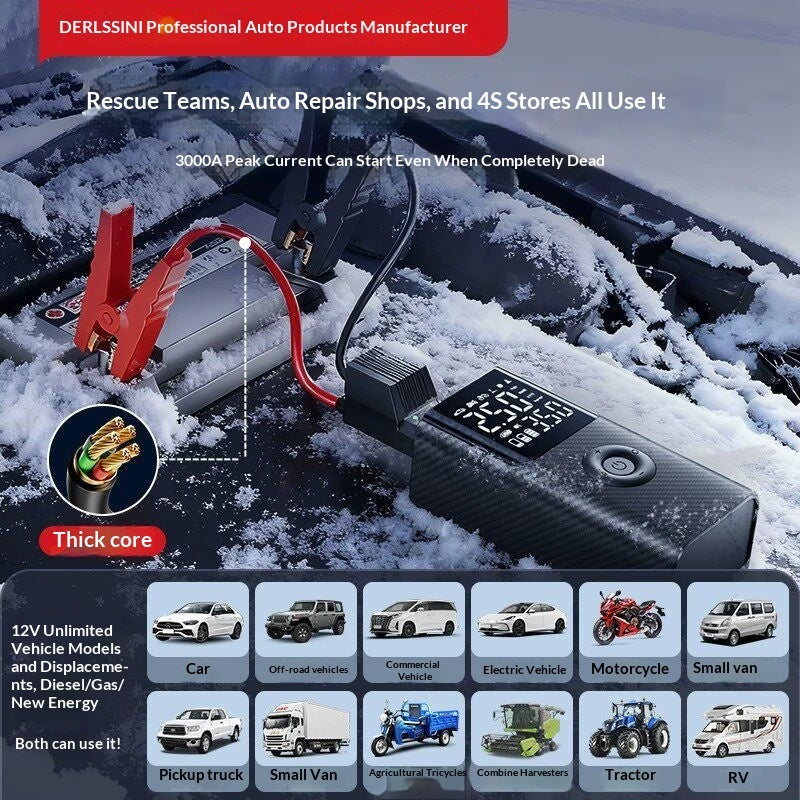 Portable car battery starter with air pump by My Store, compact black jump starter with attached inflator hose
