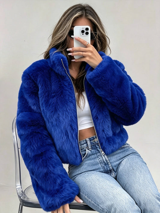 Women’s cropped faux fur zip-up jacket with stand collar, front view