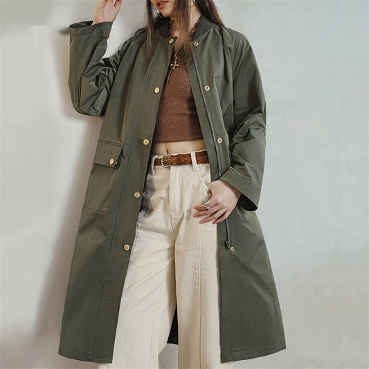 Retro olive green mid-length loose women’s trench coat by My Store