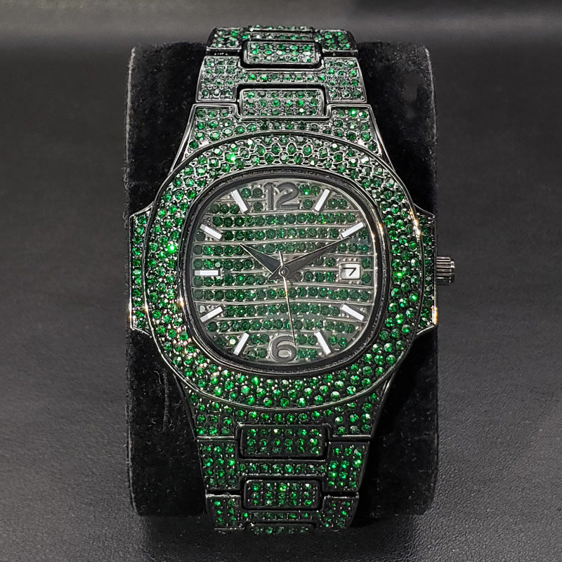 Full diamond rap hip hop watch with sparkling stone-covered case and band, luxury style close-up