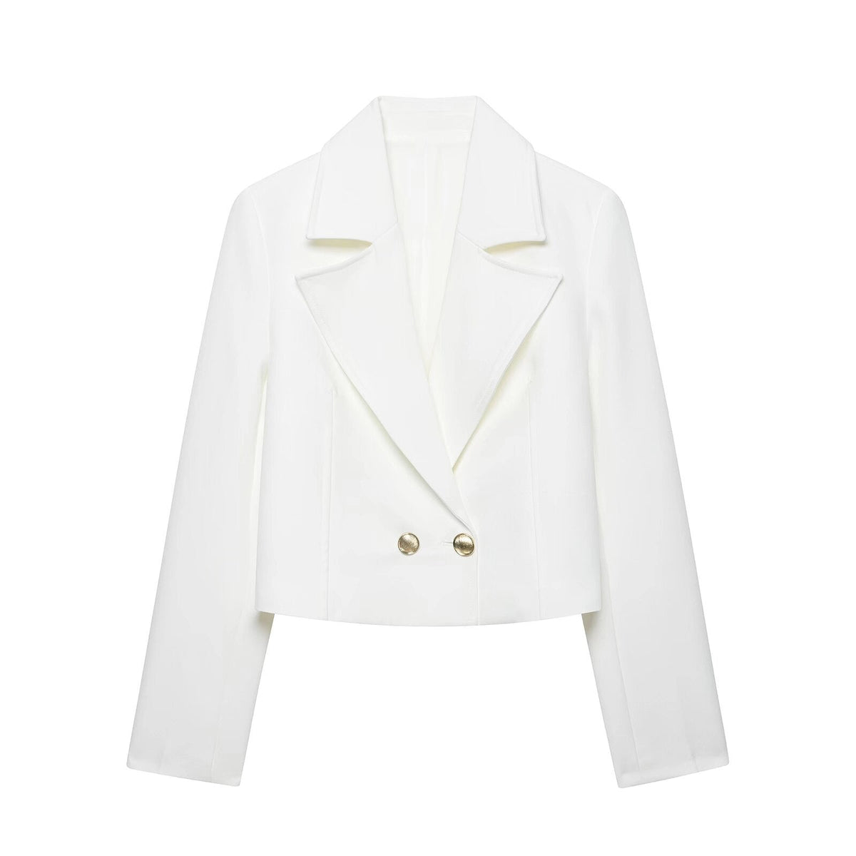 Women's short double-breasted blazer with shoulder pads, front view