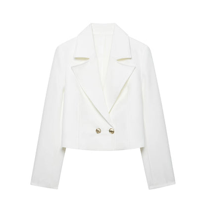 Women's short double-breasted blazer with shoulder pads, front view