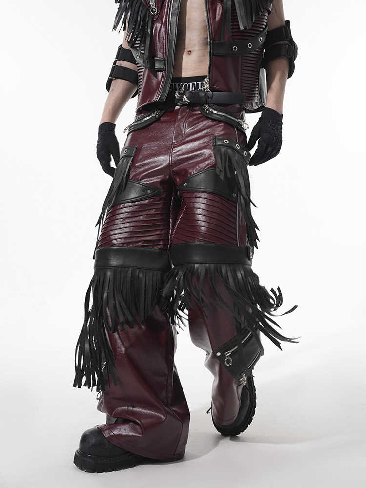 Red deconstructed PU leather pants for men with panelled detailing