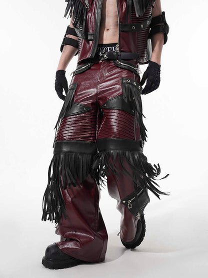 Red deconstructed PU leather pants for men with panelled detailing