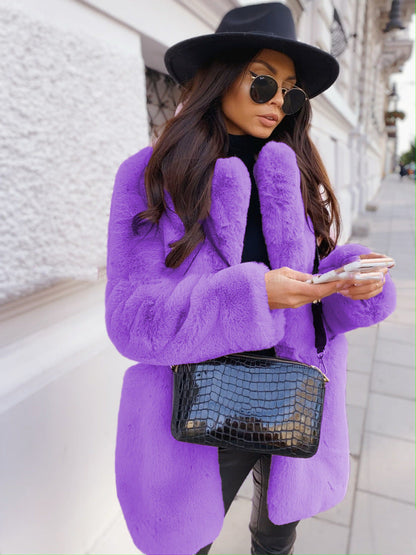 Women's long sleeve lapel faux fur coat in a solid color, stylish warm outerwear my store