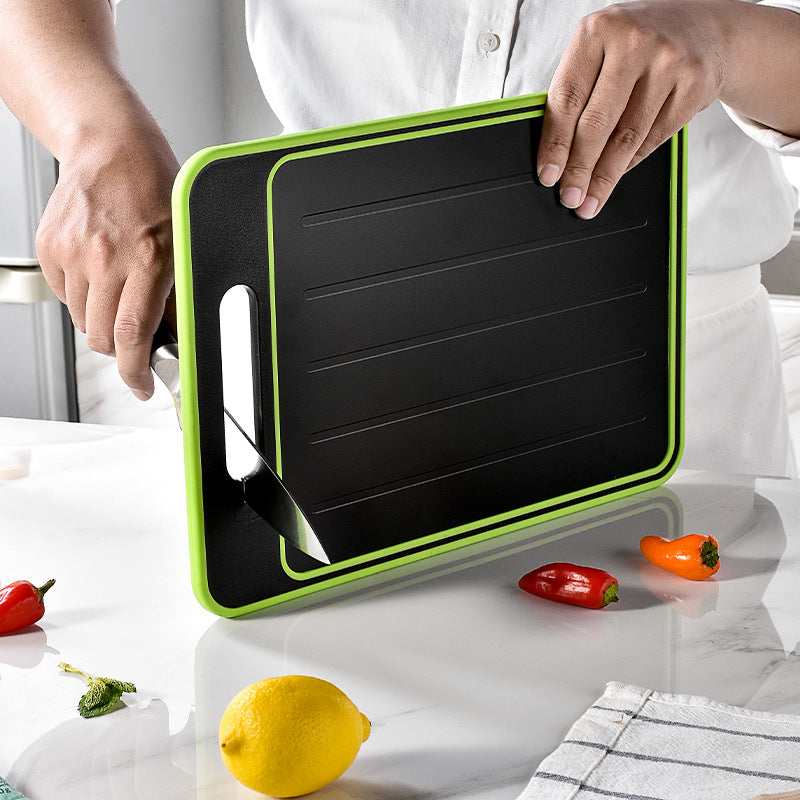 Double-sided kitchen cutting board with defrosting surface and built-in knife sharpener