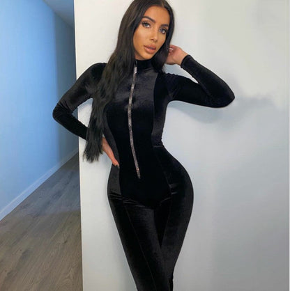 Women's long sleeve velvet skinny jumpsuit with slim fit, zipper front, and solid color one-piece pants