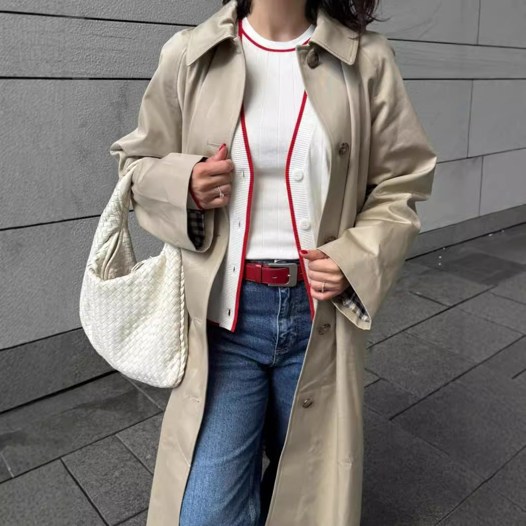 Women's khaki polo shirt trench coat, single-breasted design with classic collar and long sleeves