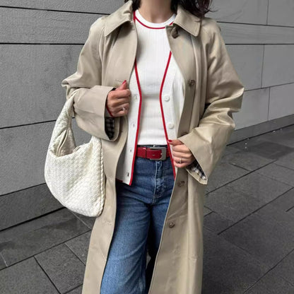 Women's khaki polo shirt trench coat, single-breasted design with classic collar and long sleeves