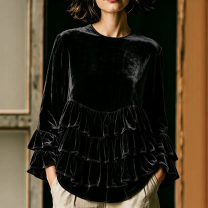 Women's long-sleeve solid-color crew-neck top with ruffle trim and loose fit