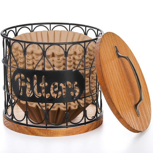 Rustic large-capacity coffee filter holder with lid, designed for coffee pods and K cups, ideal for kitchen coffee bar organization