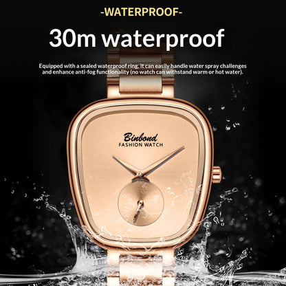 Women's waterproof stainless steel quartz watch with sleek metal case and matching link bracelet