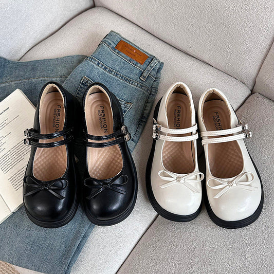 Black French Mary Jane dress shoe for women with shallow mouth, thick sole, and height-increasing heel