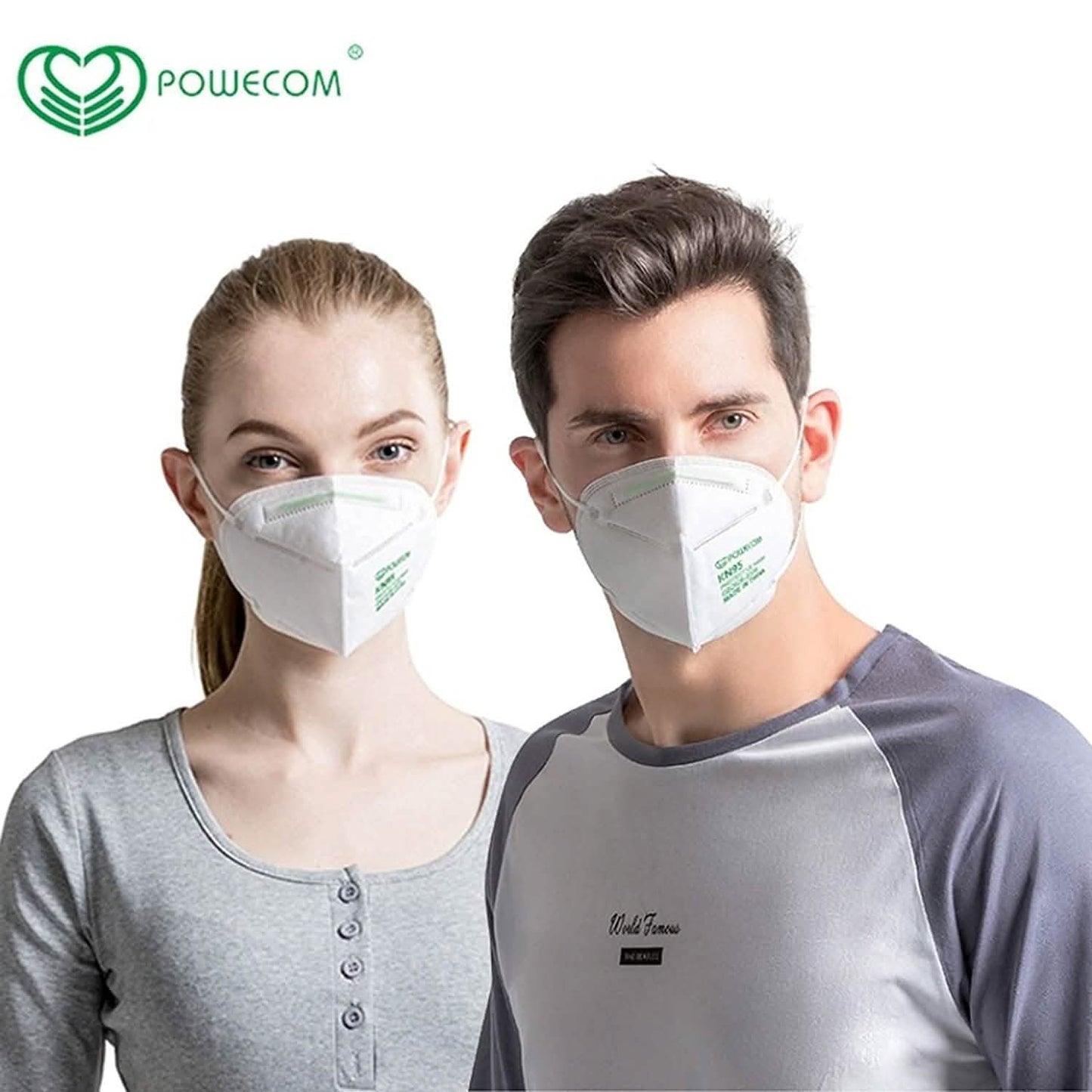 Pack of 30 Powecom KN95 face masks for PPE, showing protective masks with ear loops and breathable fabric.