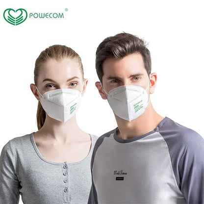 Pack of 30 Powecom KN95 face masks for PPE, showing protective masks with ear loops and breathable fabric.