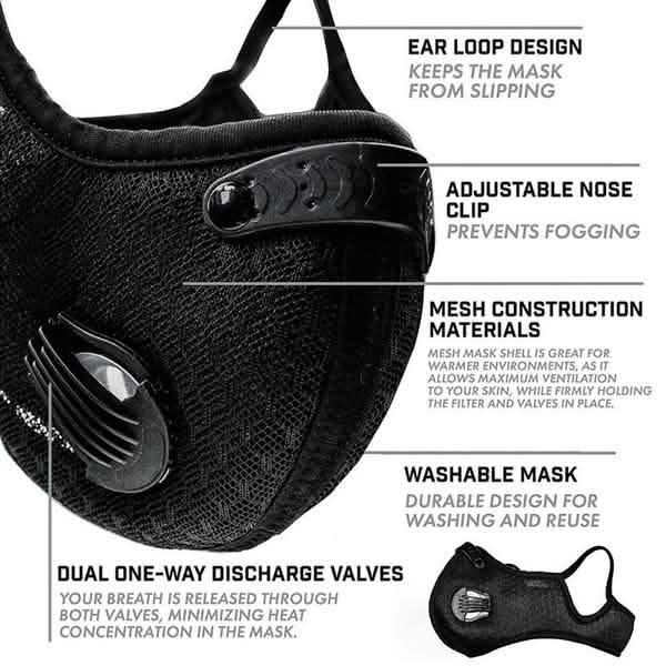 11-piece set of black breathable bacteria-proof sport face masks with activated carbon filters, designed for effective PM 2.5 protection.