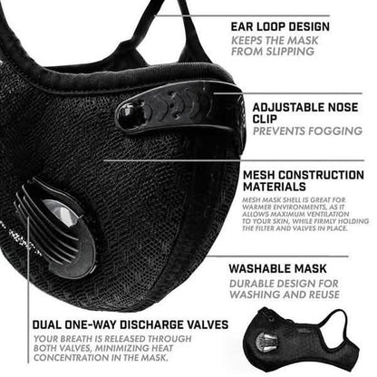 11-piece set of black breathable bacteria-proof sport face masks with activated carbon filters, designed for effective PM 2.5 protection.