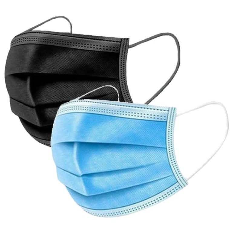 Blue and black 3-layer disposable protective face masks in a 100-pack, suitable for PPE and personal health protection.