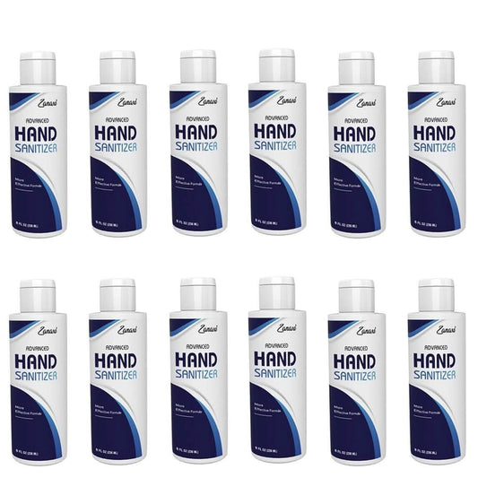 12-pack of 8 oz hand sanitizer bottles from DailySale, suitable for face masks and PPE, with clear liquid sanitizer inside.