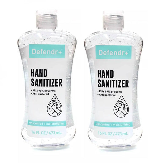 Two-pack of DailySale Defendr+ anti-bacterial hand sanitizer bottles, suitable for face masks and PPE protection.