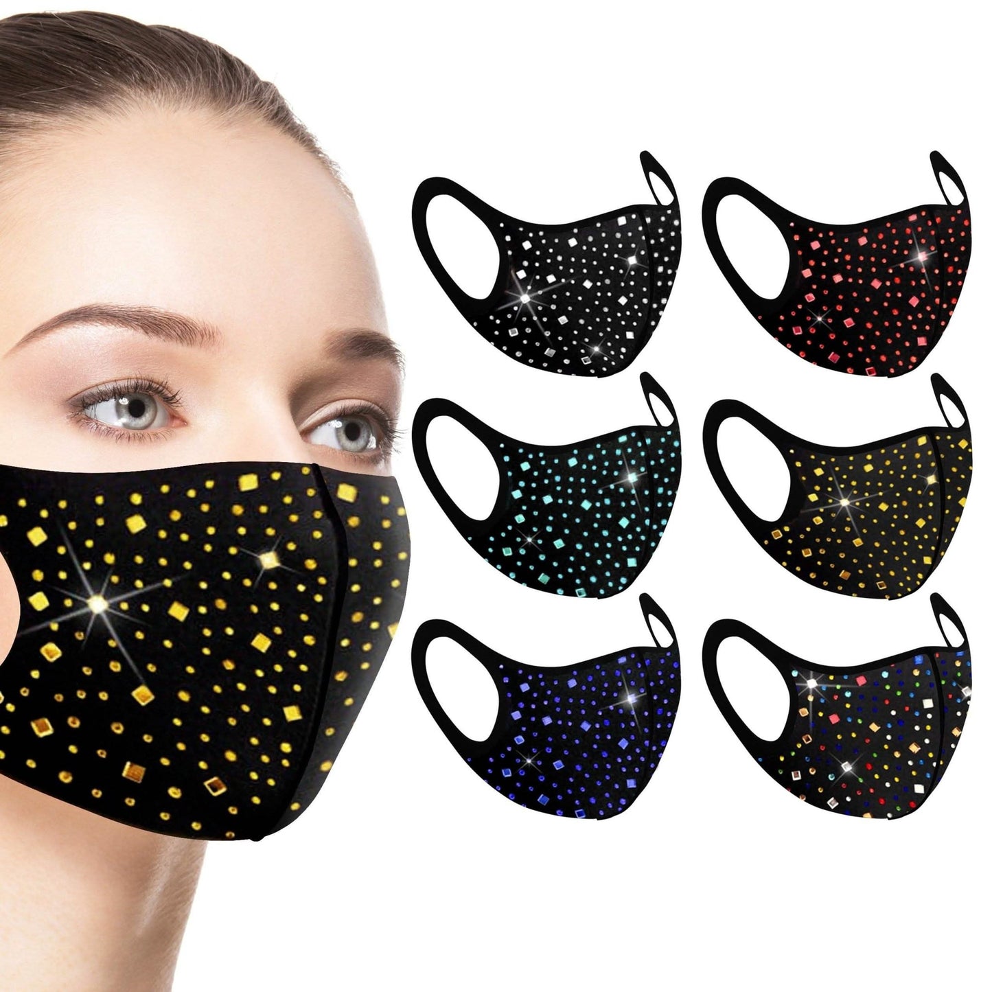 Six rhinestone bling face masks from DailySale, stylish and protective PPE with sparkling embellishments.