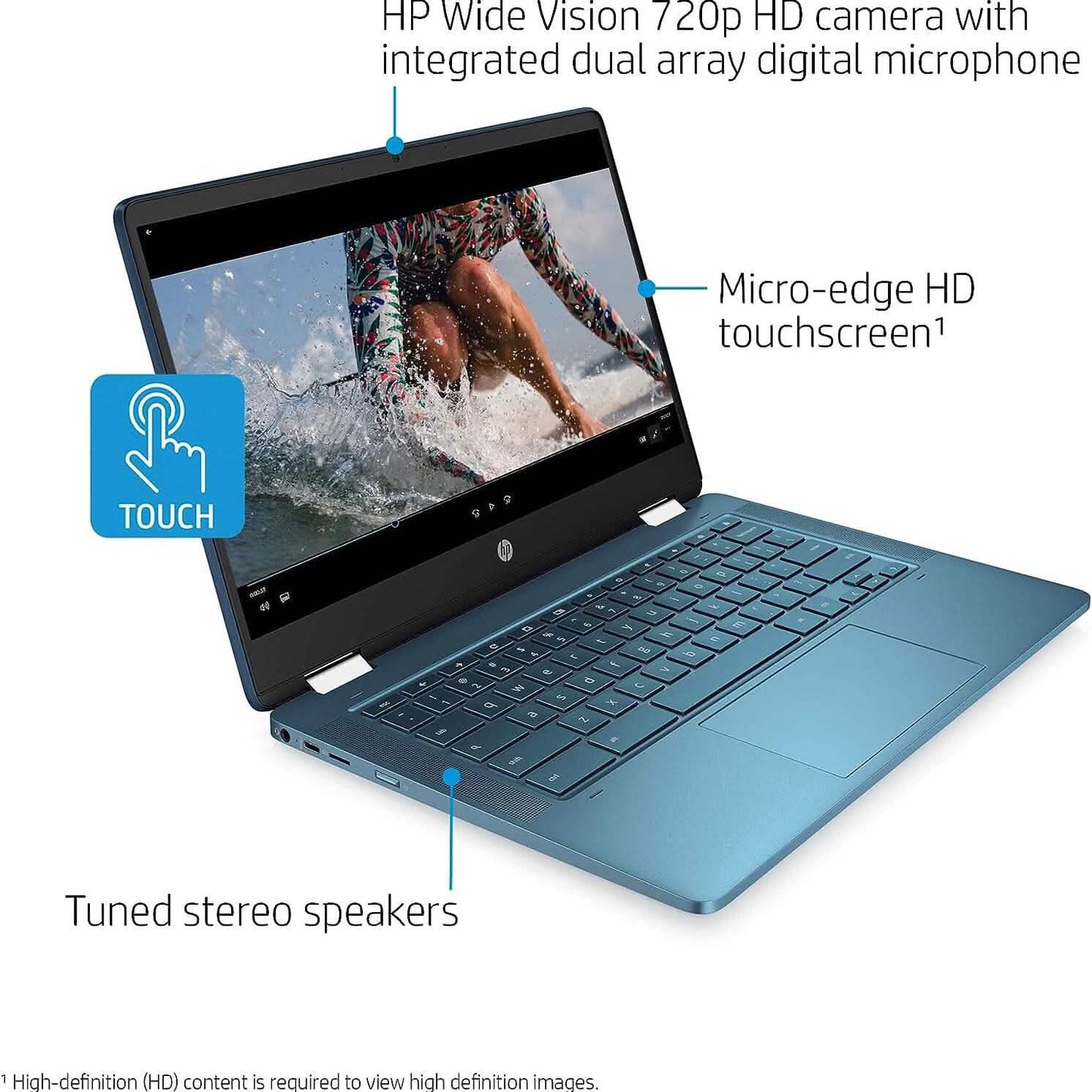 Refurbished HP Laptop X360 14a Chromebook with 14-inch HD touchscreen, lightweight design, and versatile 2-in-1 functionality.