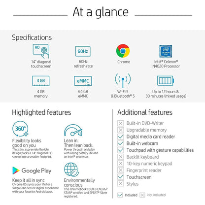 Refurbished HP Laptop X360 14a Chromebook with 14-inch HD touchscreen, sleek design, and versatile 2-in-1 convertible feature.