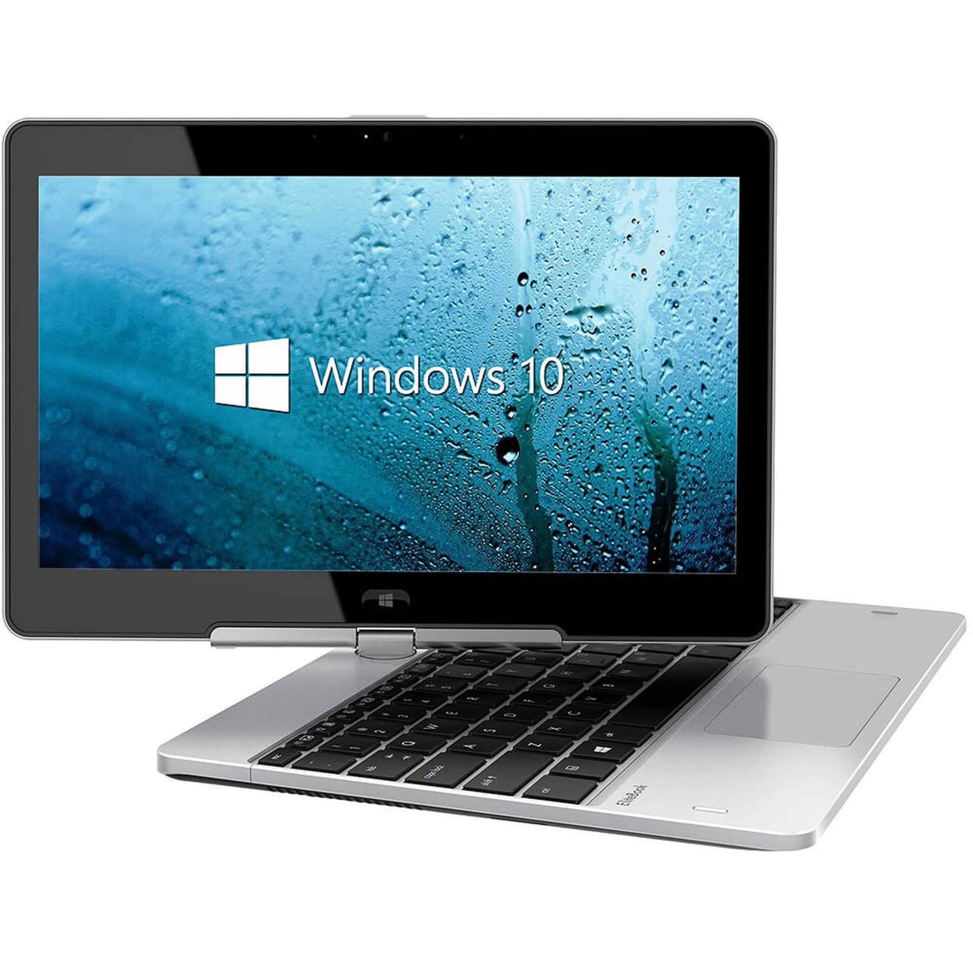 Refurbished HP Revolve 810G1 laptop computer with open screen and keyboard, black chassis, on a white background.