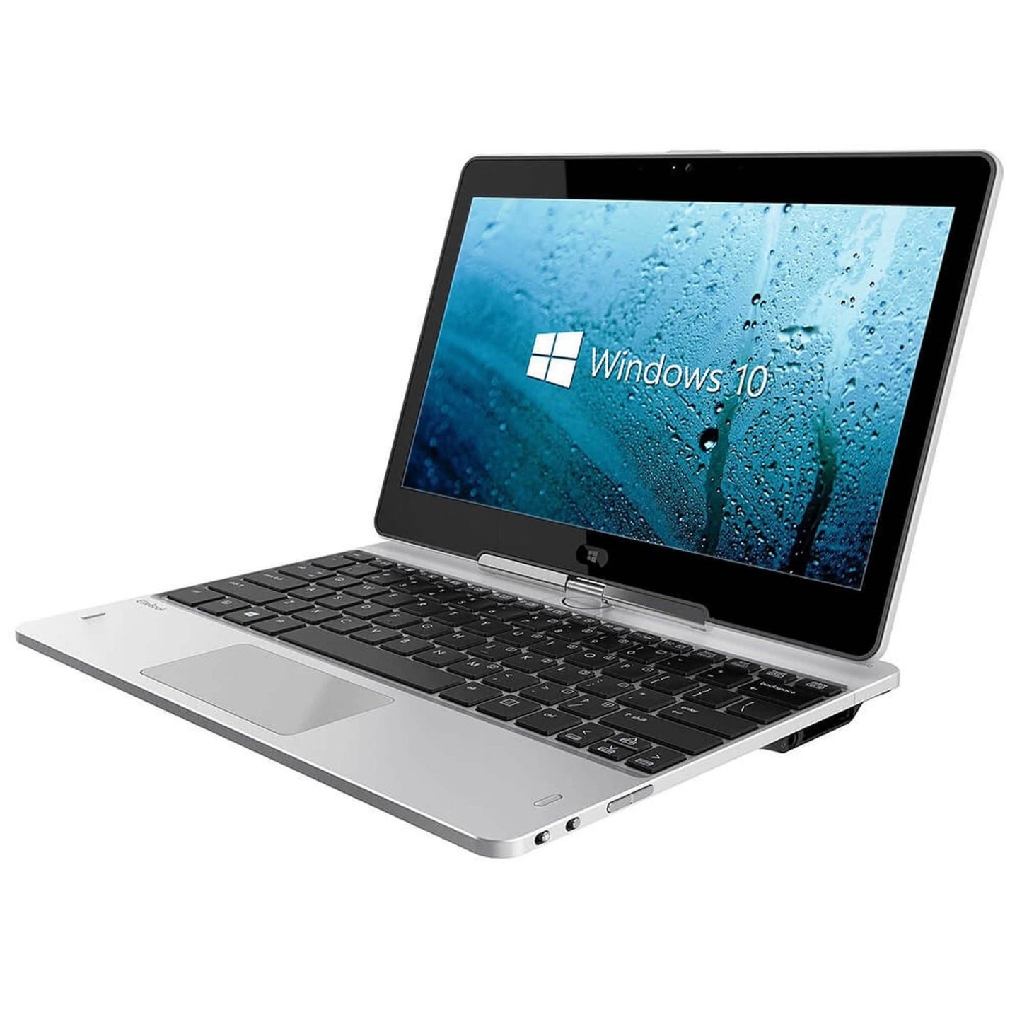 Refurbished HP Revolve 810G1 laptop computer showing the sleek silver design and keyboard, ideal for portable computing.