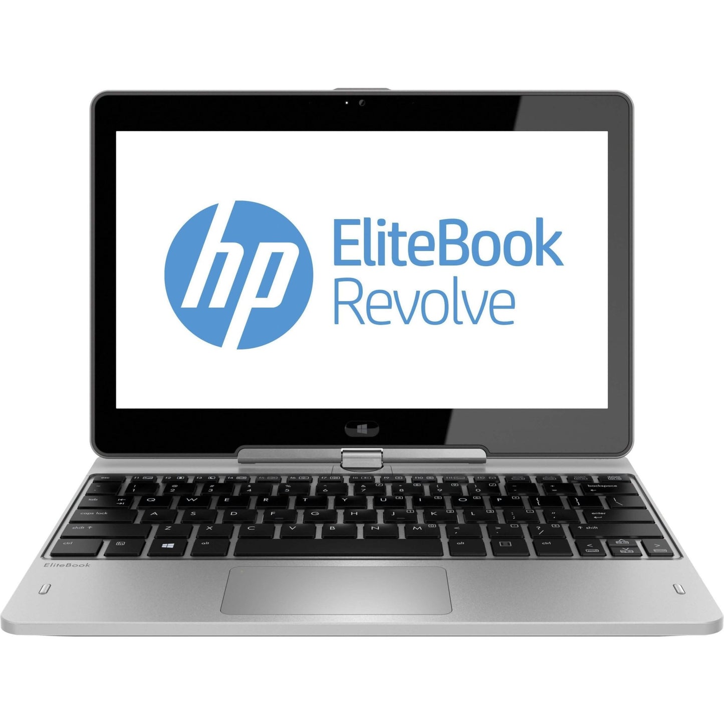 Refurbished HP Revolve 810G1 laptop computer with open screen and keyboard, showing its sleek design and compact form.