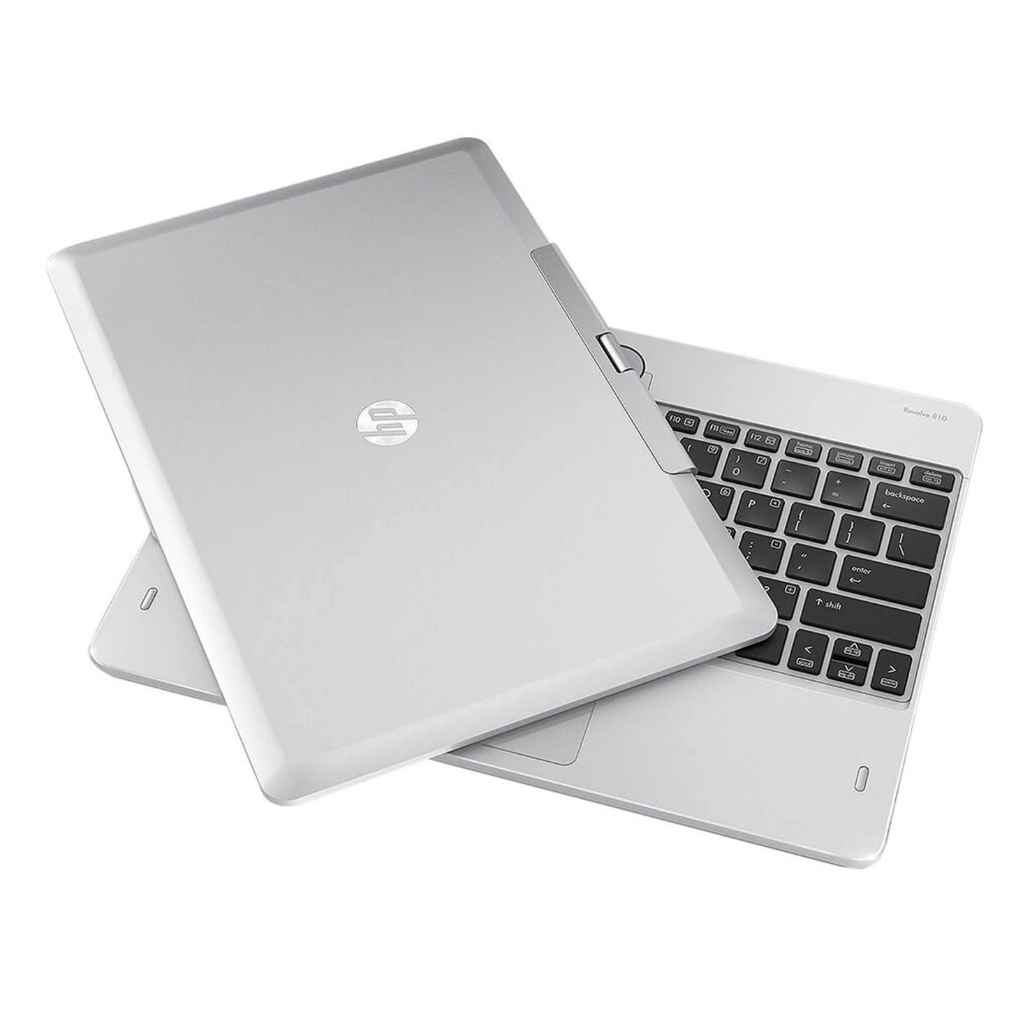 Refurbished HP Revolve 810G1 laptop computer with sleek design and open screen, showcasing keyboard and display.