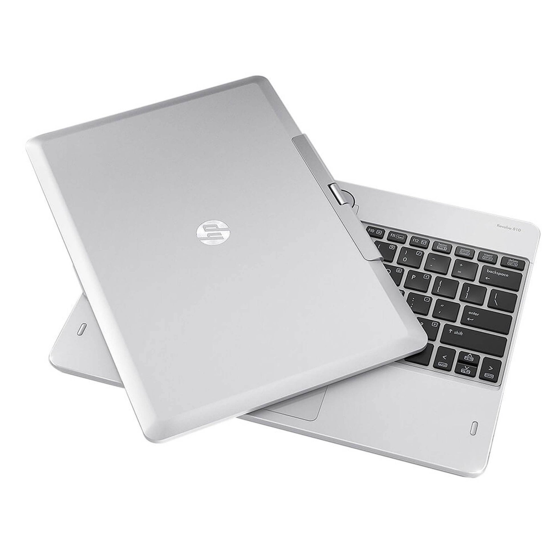 Refurbished HP Revolve 810G1 laptop computer with sleek design and open screen, showcasing keyboard and display.