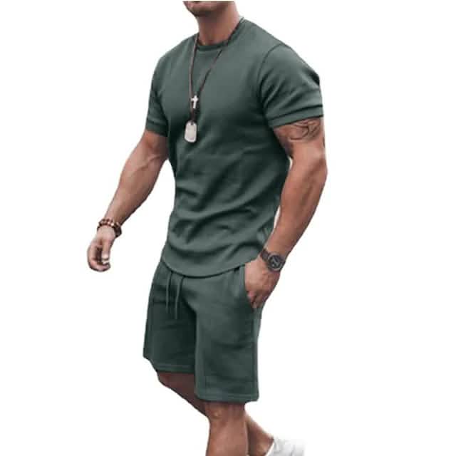 Men's gray casual activewear running t-shirt with matching shorts from DailySale, designed for comfort and athletic movement.