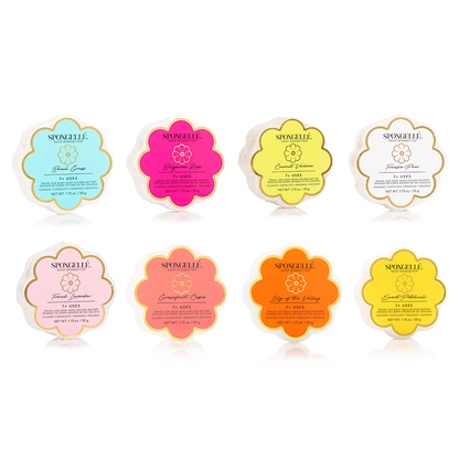 Assorted pack of Spongellé Daisy Spongette body wash infused buffers with floral design and pastel colors.