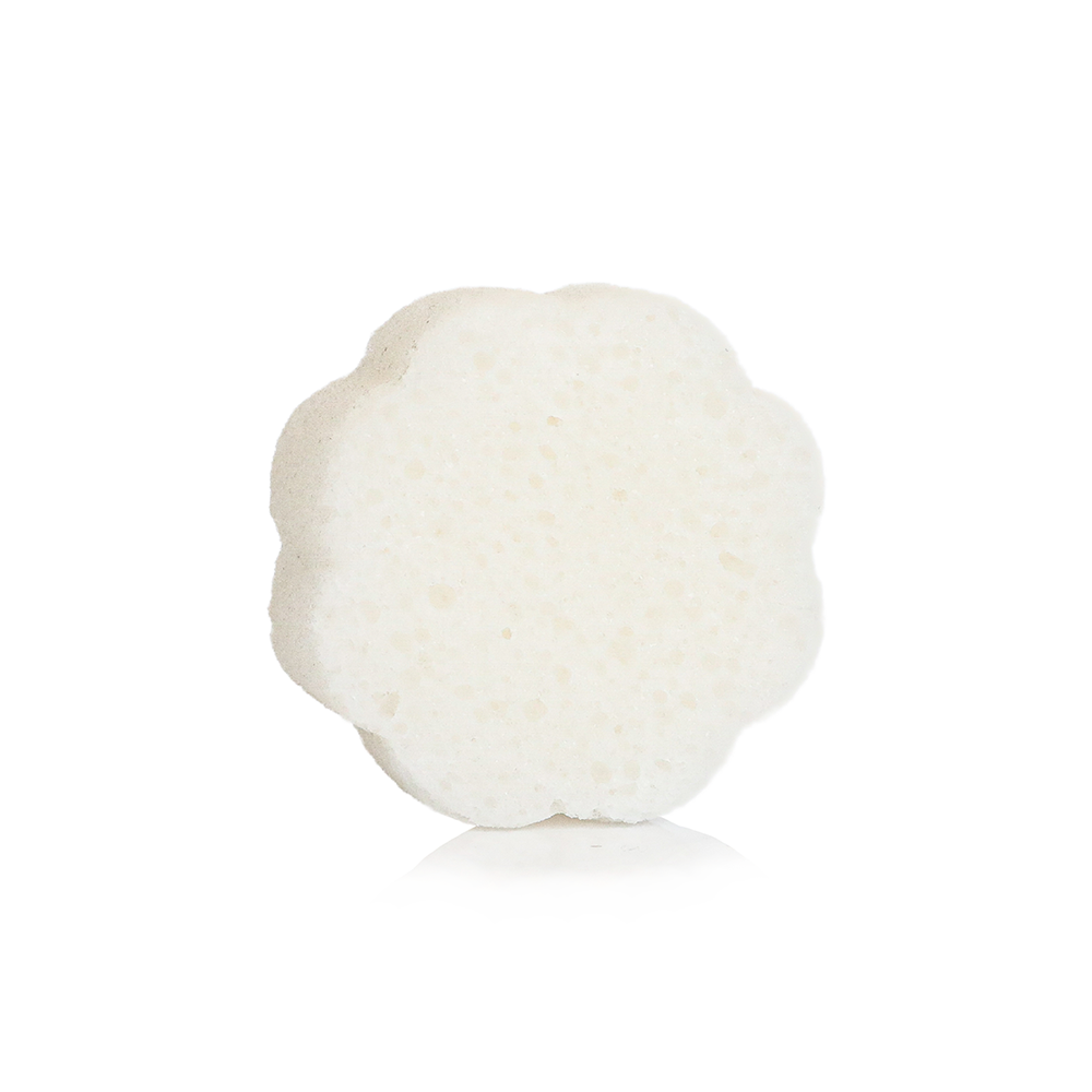 Freesia Pear Daisy Spongette body wash infused buffer with floral scent, soft sponge showing fresh daisy design and vibrant colors.