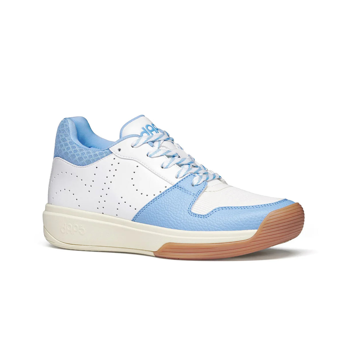 Women's DAPS DESI Mid pickleball shoes in baby blue and white by DAPSFIT, featuring a supportive design for active play.