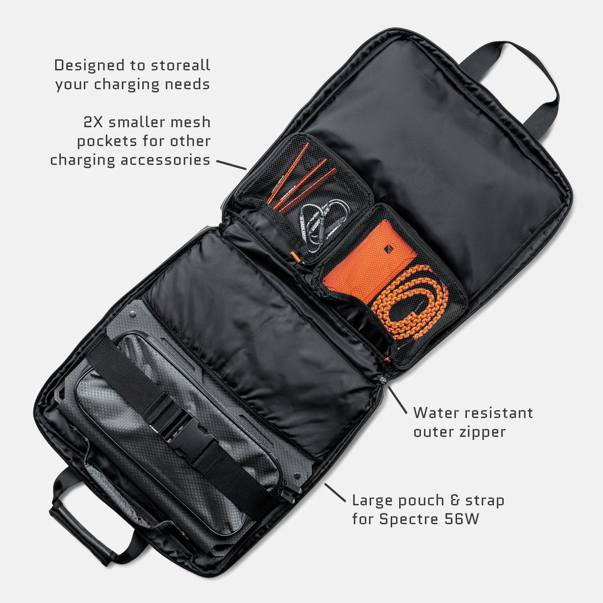 Open 56W Spectre Solar Panel Accessories Kit by Dark Energy showing connectors, cables, and mounting hardware for solar setup.