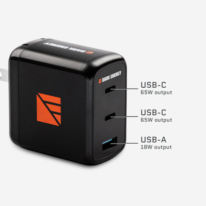 Dark Energy 65W AC wall adapter with multiple ports, compact design, and durable build for versatile device charging.