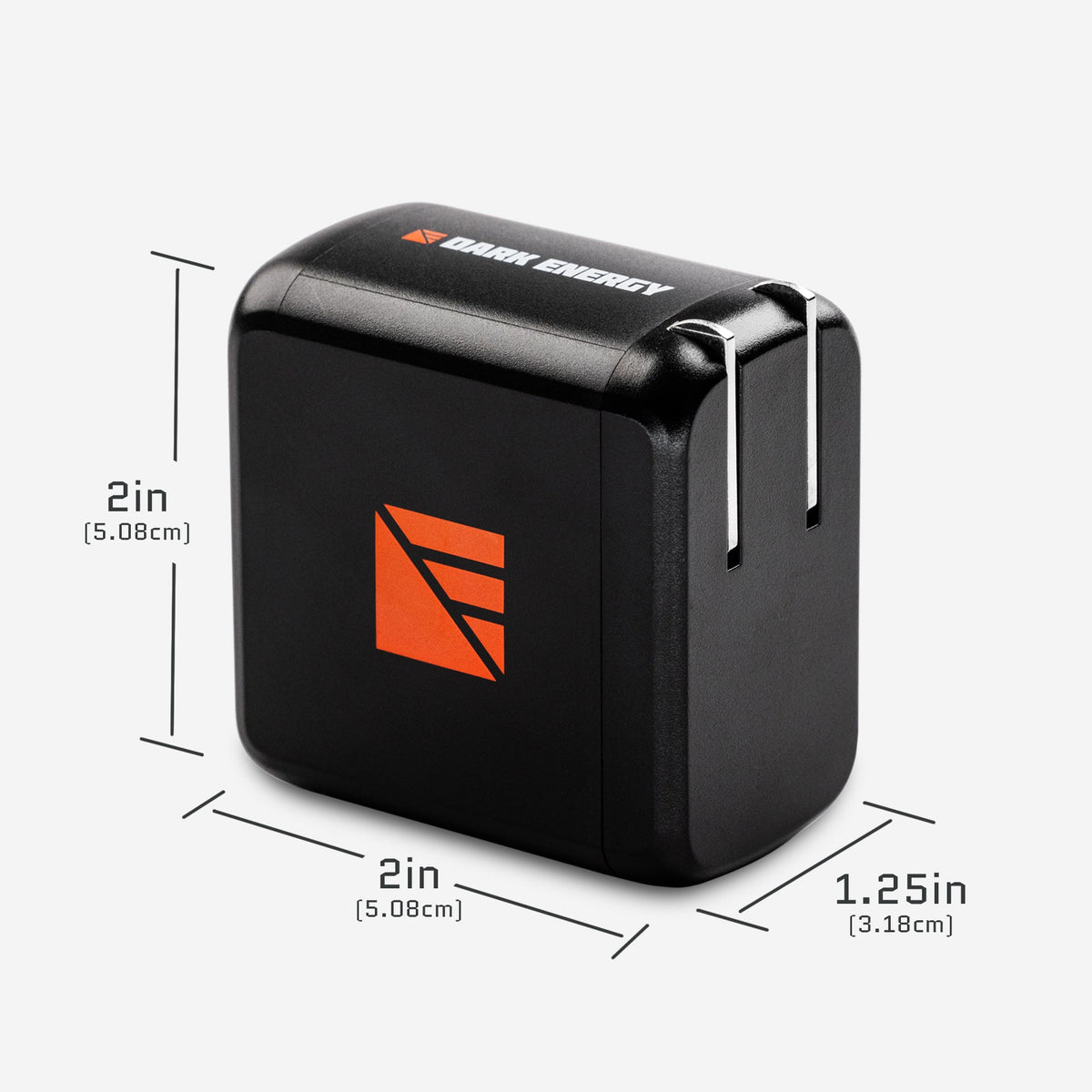 Dark Energy 65W AC wall adapter with folded prongs, compact power supply for laptops and electronic devices.
