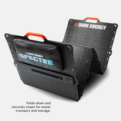 Dark Energy Spectre 200W solar panel with multiple dark-colored photovoltaic cells and sturdy frame for outdoor solar energy use.
