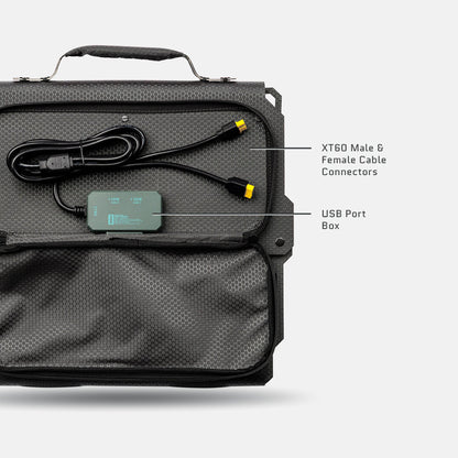 Open pouch showing Dark Energy Spectre 56W solar panel with flexible, lightweight design for portable solar energy collection.