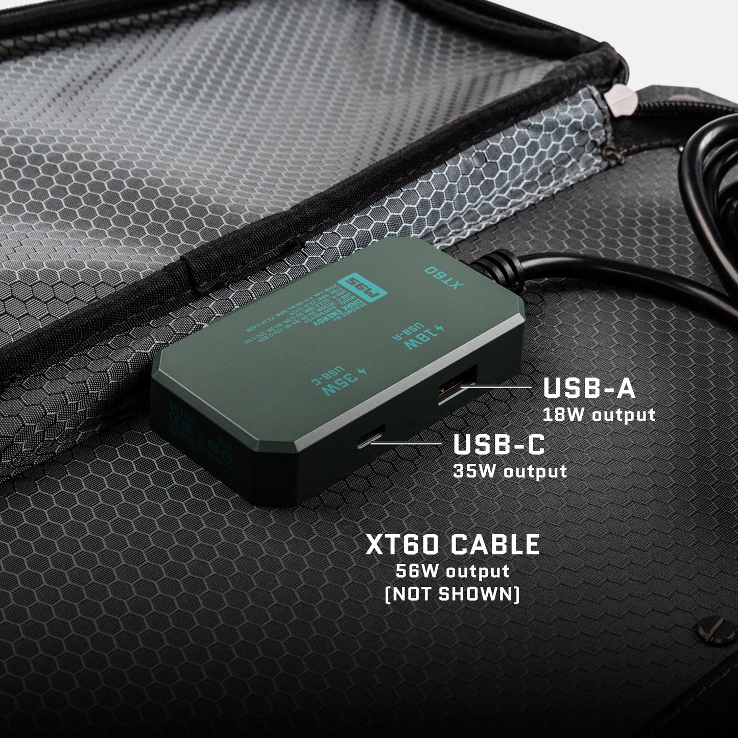 Dark Energy Spectre 56W solar panel with multiple ports for efficient solar power generation and outdoor use.