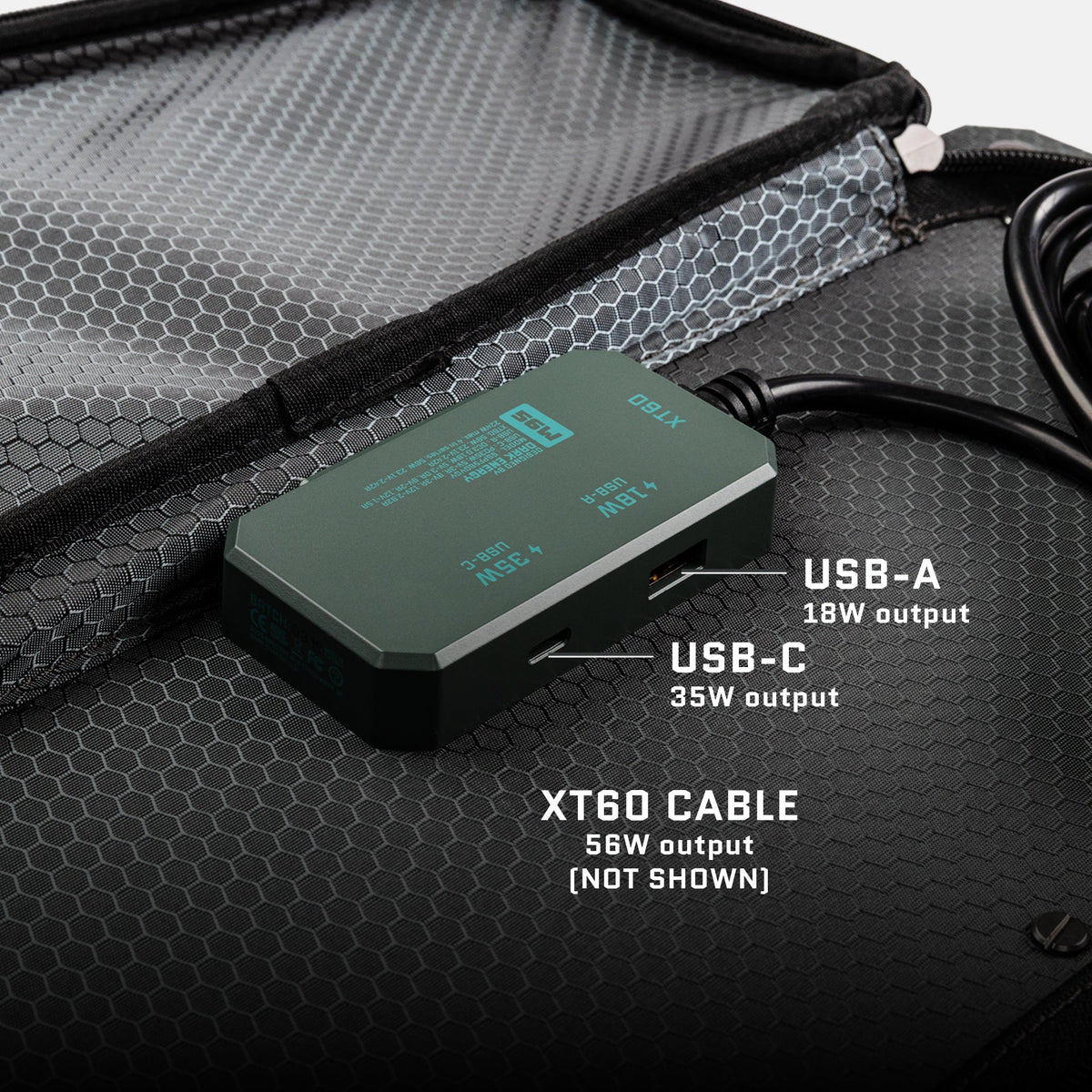 Dark Energy Spectre 56W solar panel with multiple ports for efficient solar power generation and outdoor use.