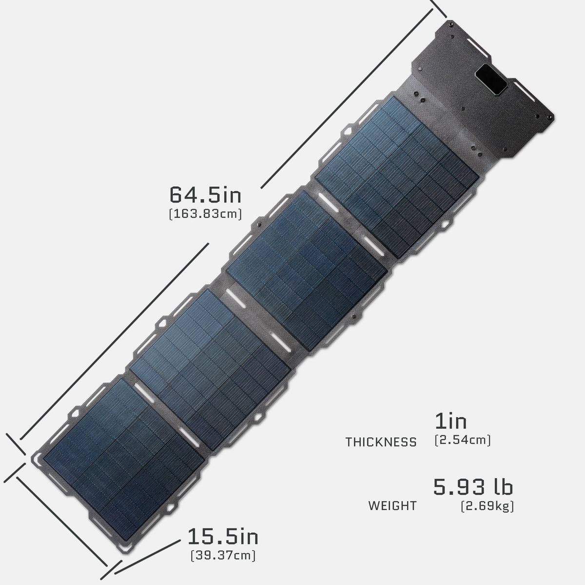 Dark Energy Spectre 56W solar panel unfolded showing photovoltaic cells and sturdy frame for outdoor solar power applications.