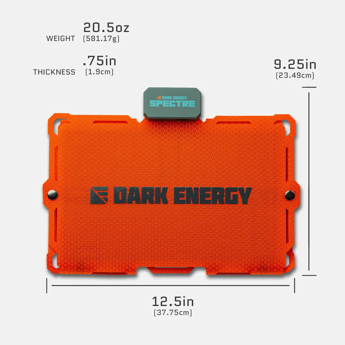 Dark Energy Spectre 18W solar panel with orange frame, showing specifications and electrical connections in detailed view.