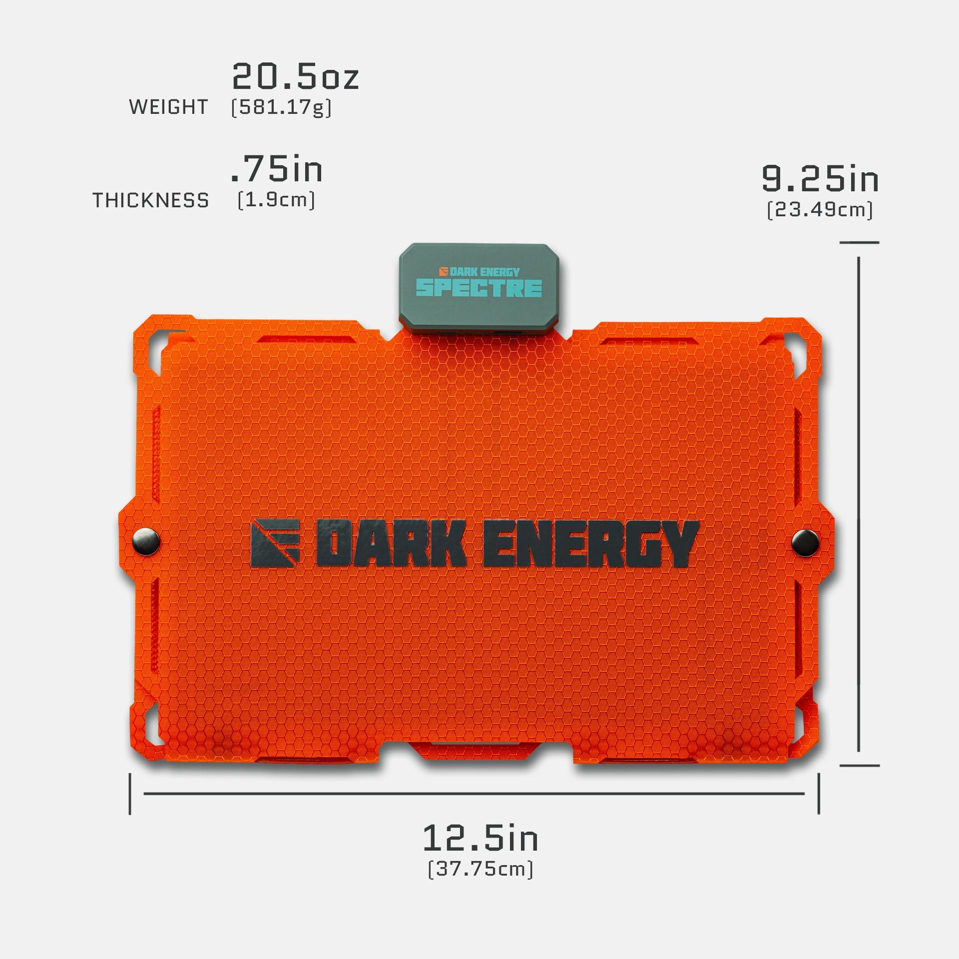 Dark Energy Spectre 18W solar panel with orange frame, showing specifications and electrical connections in detailed view.